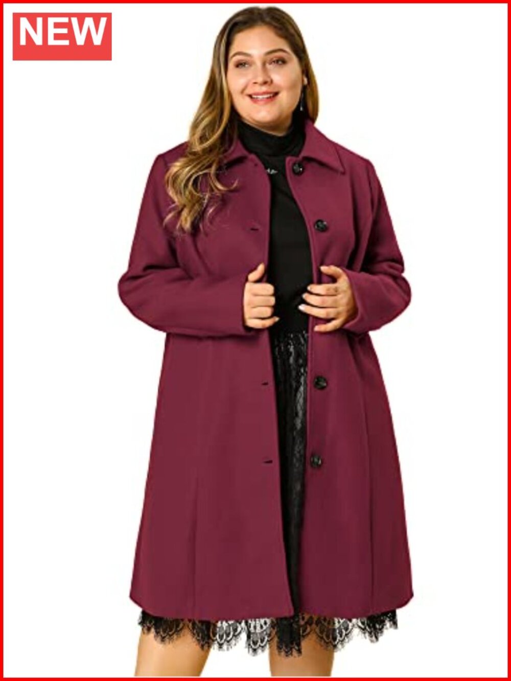 Plus Size Wool & Pea Coat Single Breasted Belted Longline Winter